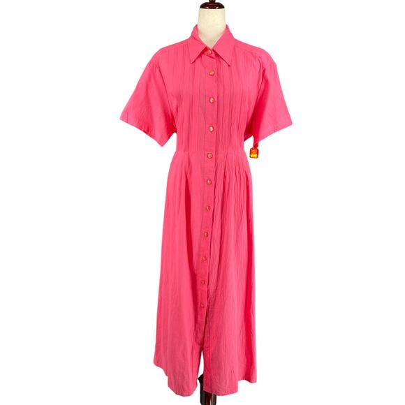 Vtg 80s 90s Two Potato Button Down Tie Back Short Sleeve Maxi Dress XL Pink NOS - Picture 1 of 16